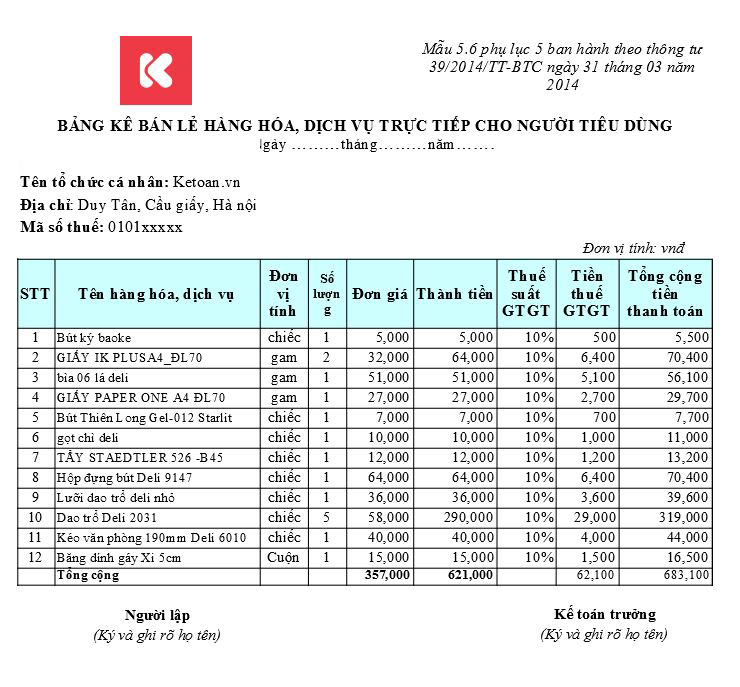 Mẫu hóa đơn bán lẻ bằng file Excel mới nhất, tải về ngay nhé!