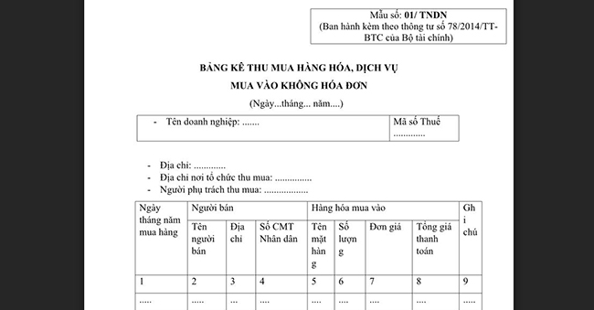 Tải về mẫu bản kê 01/TNDN mới nhất: Thu mua hàng hóa dịch vụ mua vào