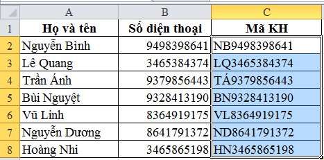 Các bước tạo danh sách mã khách hàng đơn giản trong Excel