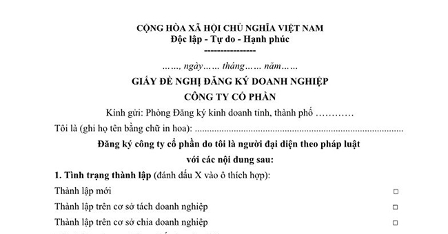 Mời tải về Giấy đăng ký thành lập công ty cổ phần mới nhất