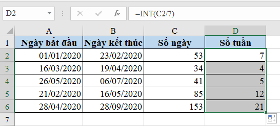 Cách tính số tuần, số ngày lẻ trong tuần giữa 2 mốc thời gian