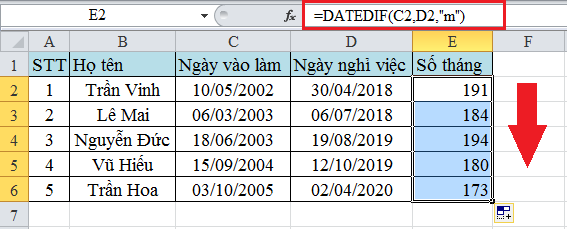 Cách tính thâm niên công tác giữa hai mốc thời gian trong Excel